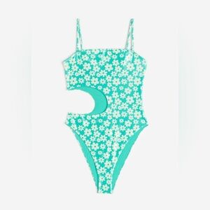 H&M Small Women’s Floral High-Leg Cut-Out One Piece Swimsuit Bright Green- NWT